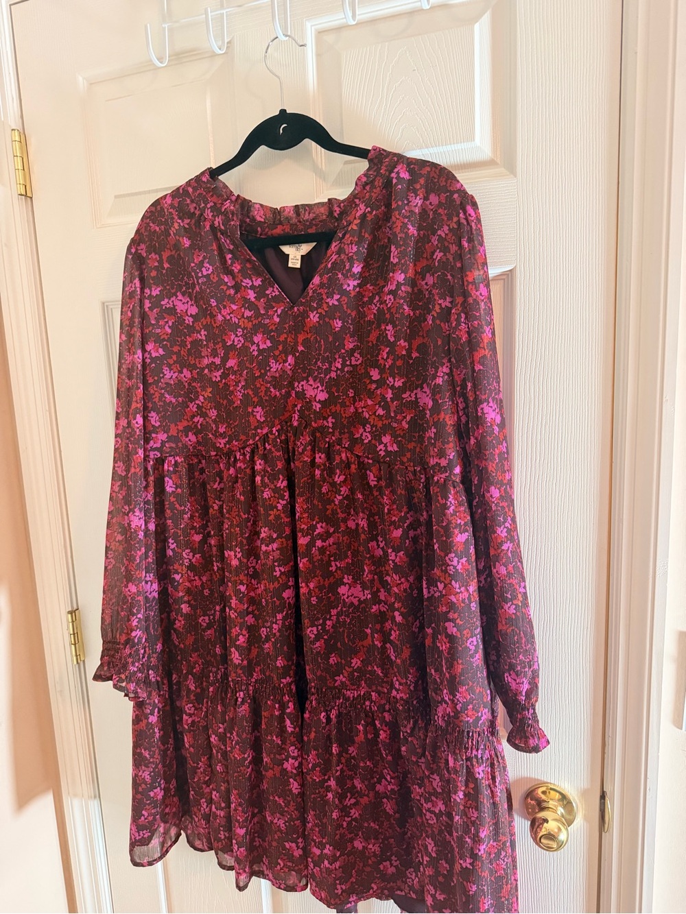 Terra & Sky Burgundy Floral Long-Sleeve Tiered Dress